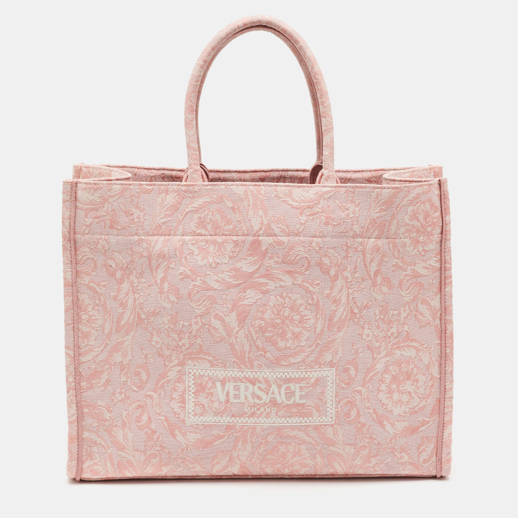 Versace Athena Baroccoo Pink/white Jacquard Canvas Tote