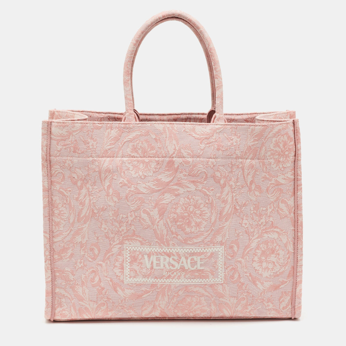 Versace Athena Baroccoo Pink/white Jacquard Canvas Tote