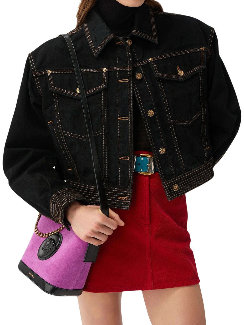 Black Contrast Stitching Cropped Denim Jacket