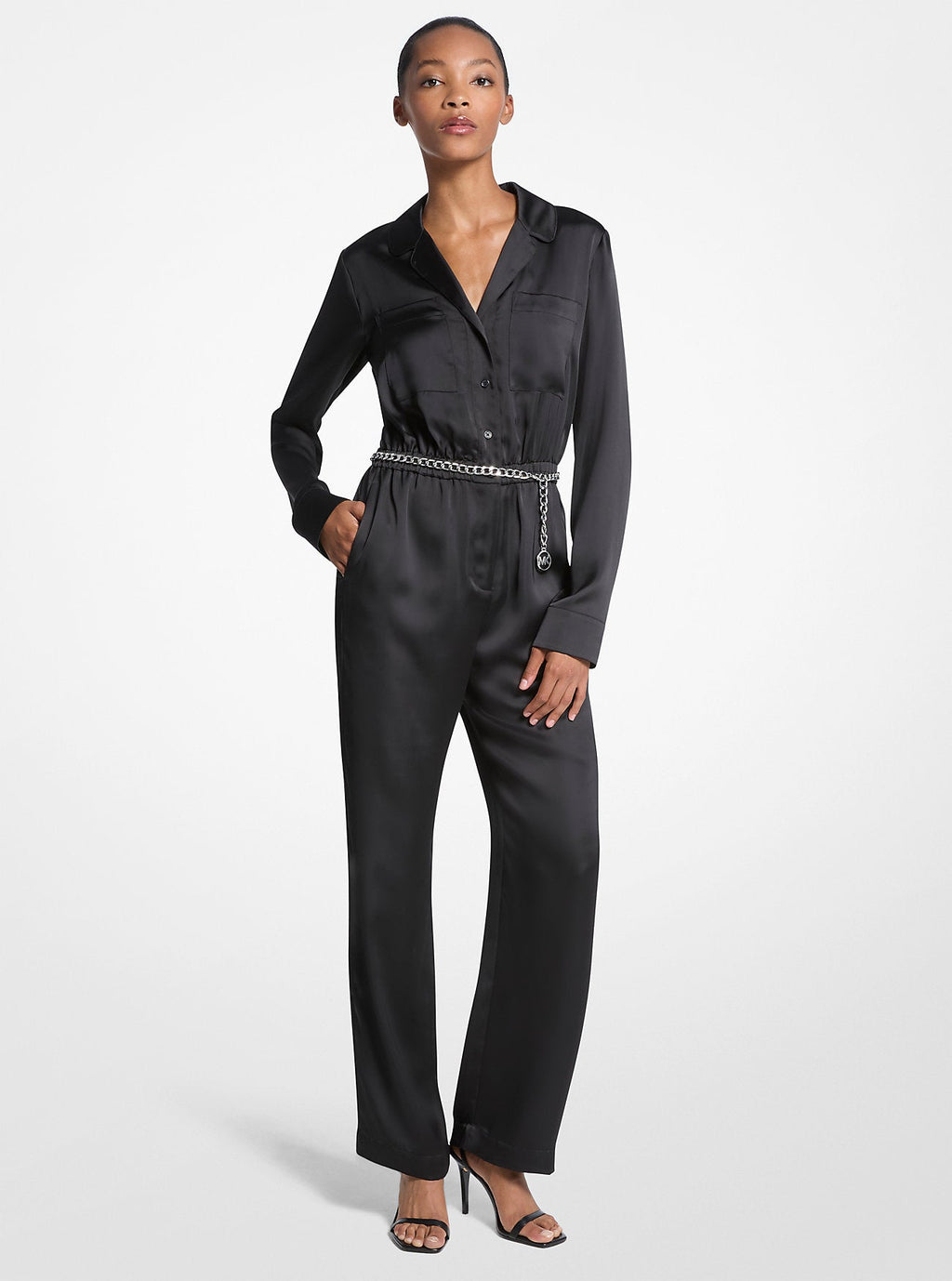 Satin Long Sleeve Belted Jumpsuit