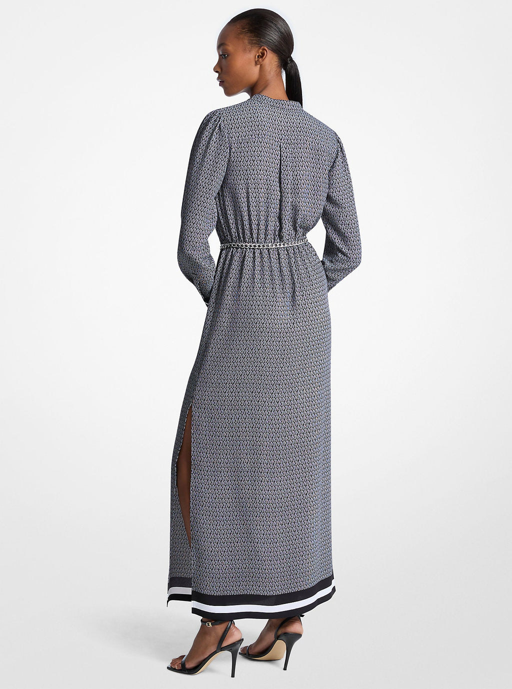 Logo Print Satin Belted Maxi Dress