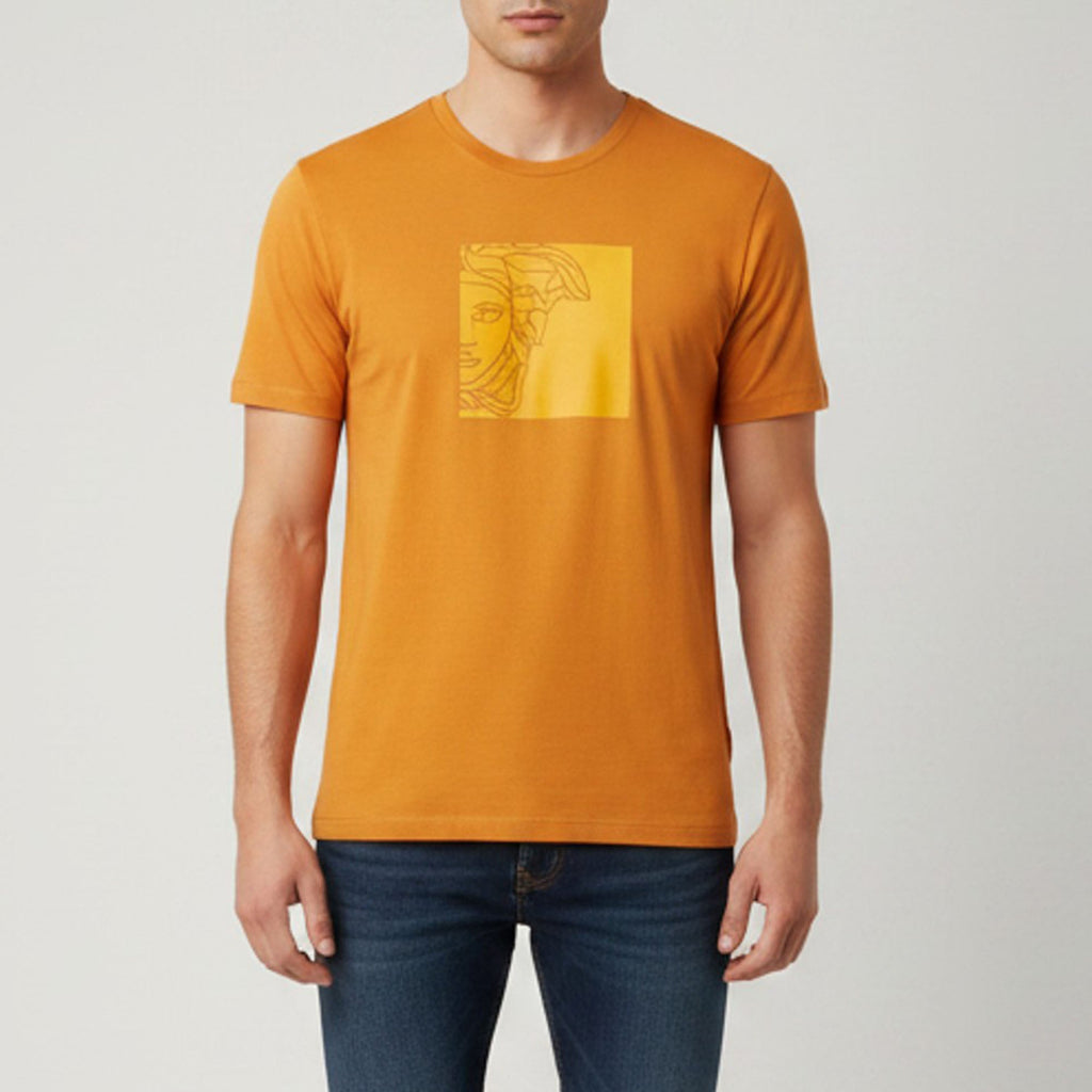 Versace Collection Orange Medusa Head Printed Cotton Crewneck T-Shirt