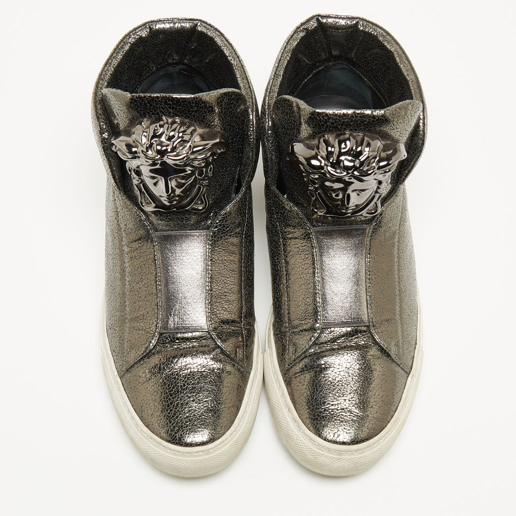Versace Metallic Grey Leather Medusa High Top Sneakers