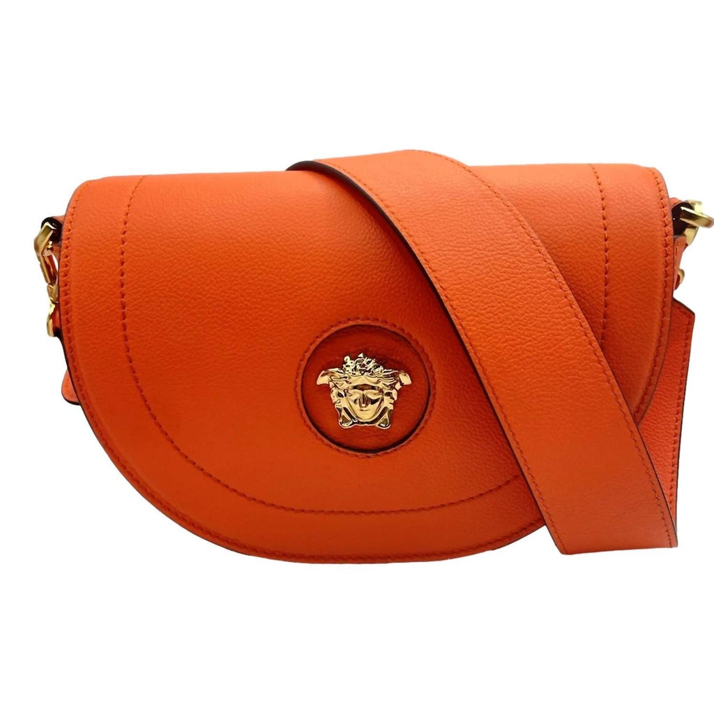 Women's Half-Moon La Medusa Vitello Leather Crossbody Handbag In Pumpkin Orange