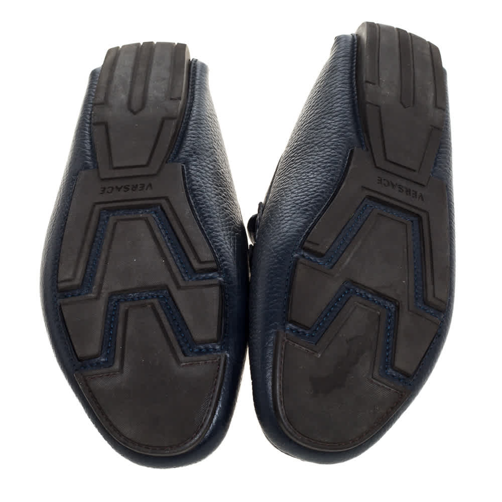 Versace Navy Blue Leather Slip On Loafers