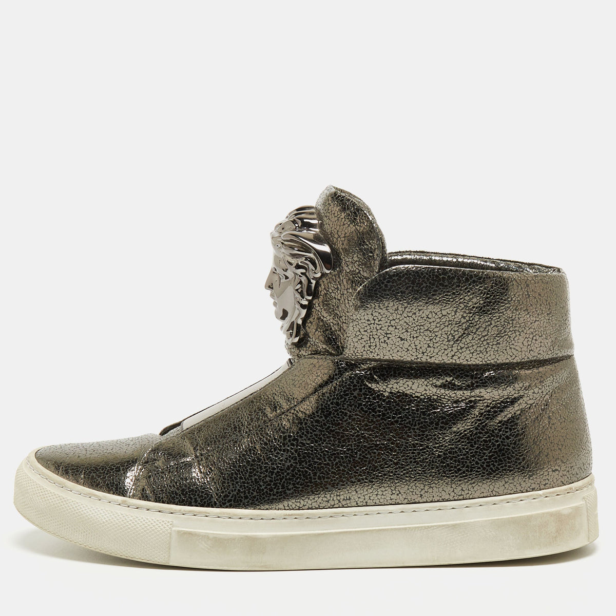 Versace Metallic Grey Leather Medusa High Top Sneakers