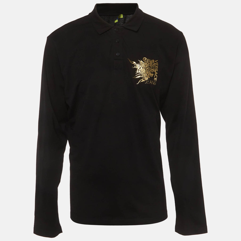 Versace Jeans Black Logo Tiger Graphic Jersey Polo Shirt