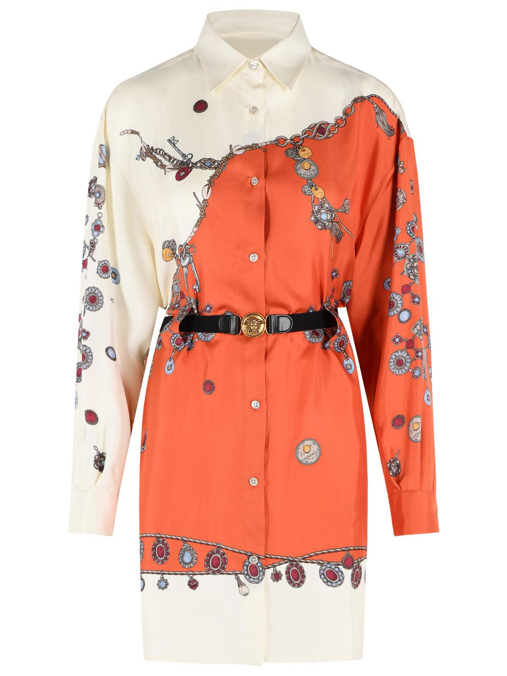Silk Mini Dress With Pointed Collar And Abstract Pattern