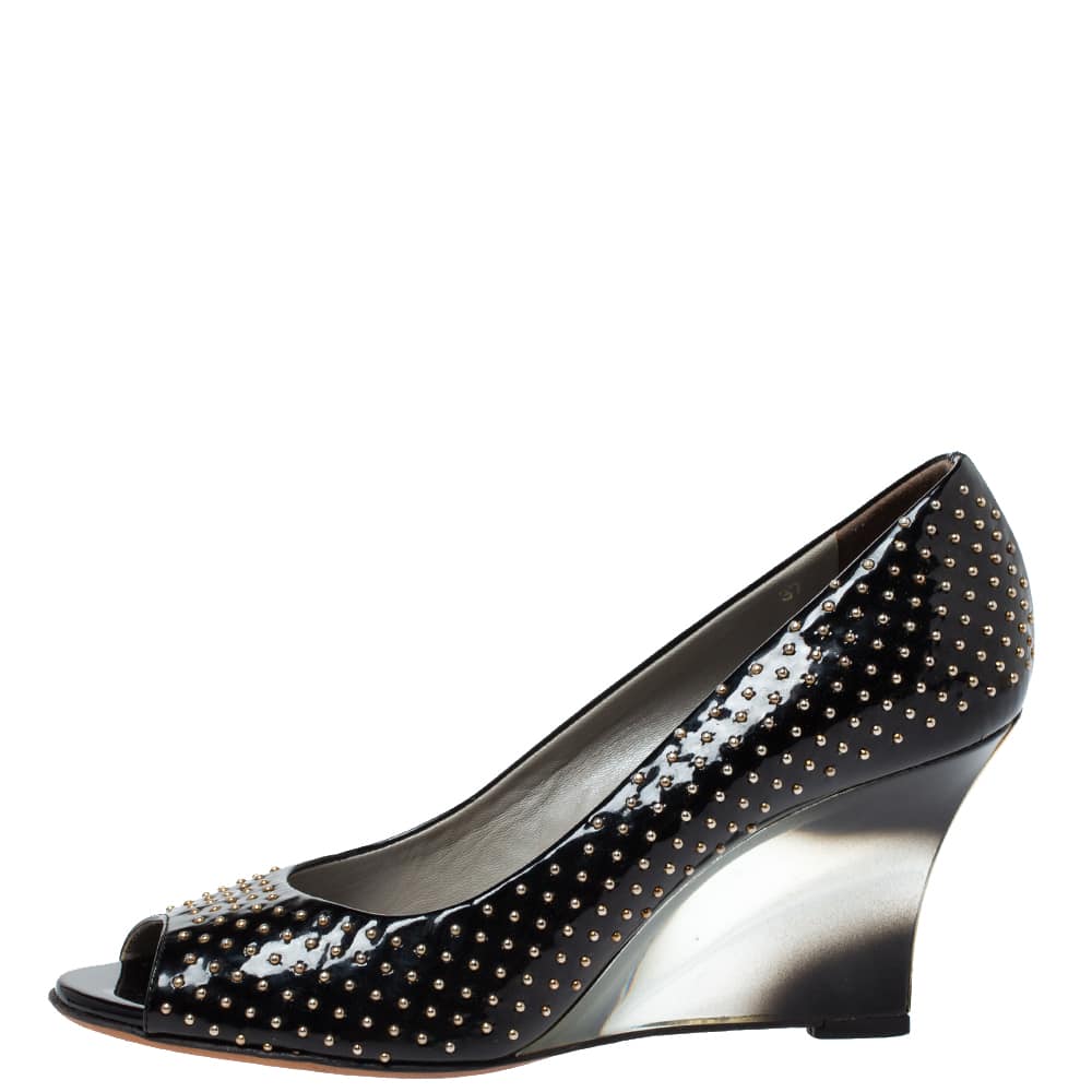 Versace Black Patent Studded Peep Toe Pumps