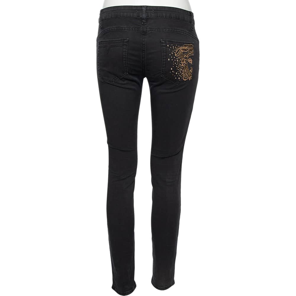 Versace Charcoal Grey Denim Stud Embellished Pocket Detailed Jeans