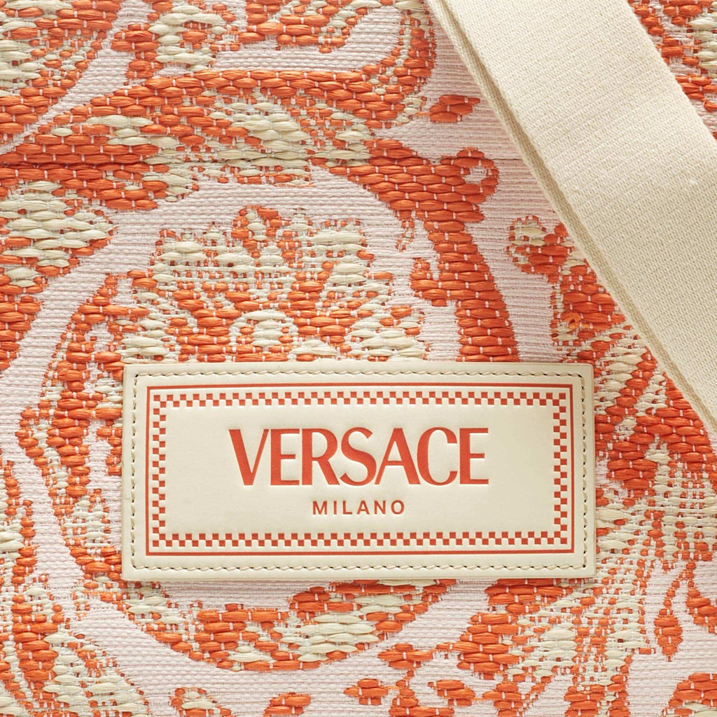 Versace Orange/pink Canvas And Raffia Small Barocco Athena Tote