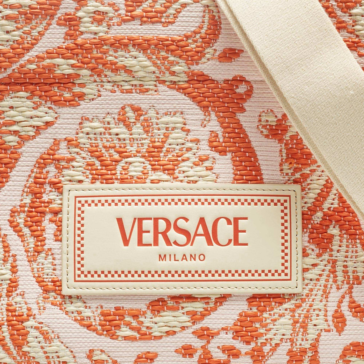 Versace Orange/pink Canvas And Raffia Small Barocco Athena Tote