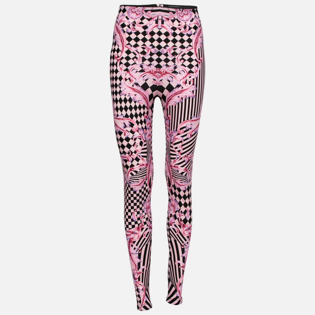 Versace Pink Stretch Knit Striped & Baroque Print Leggings