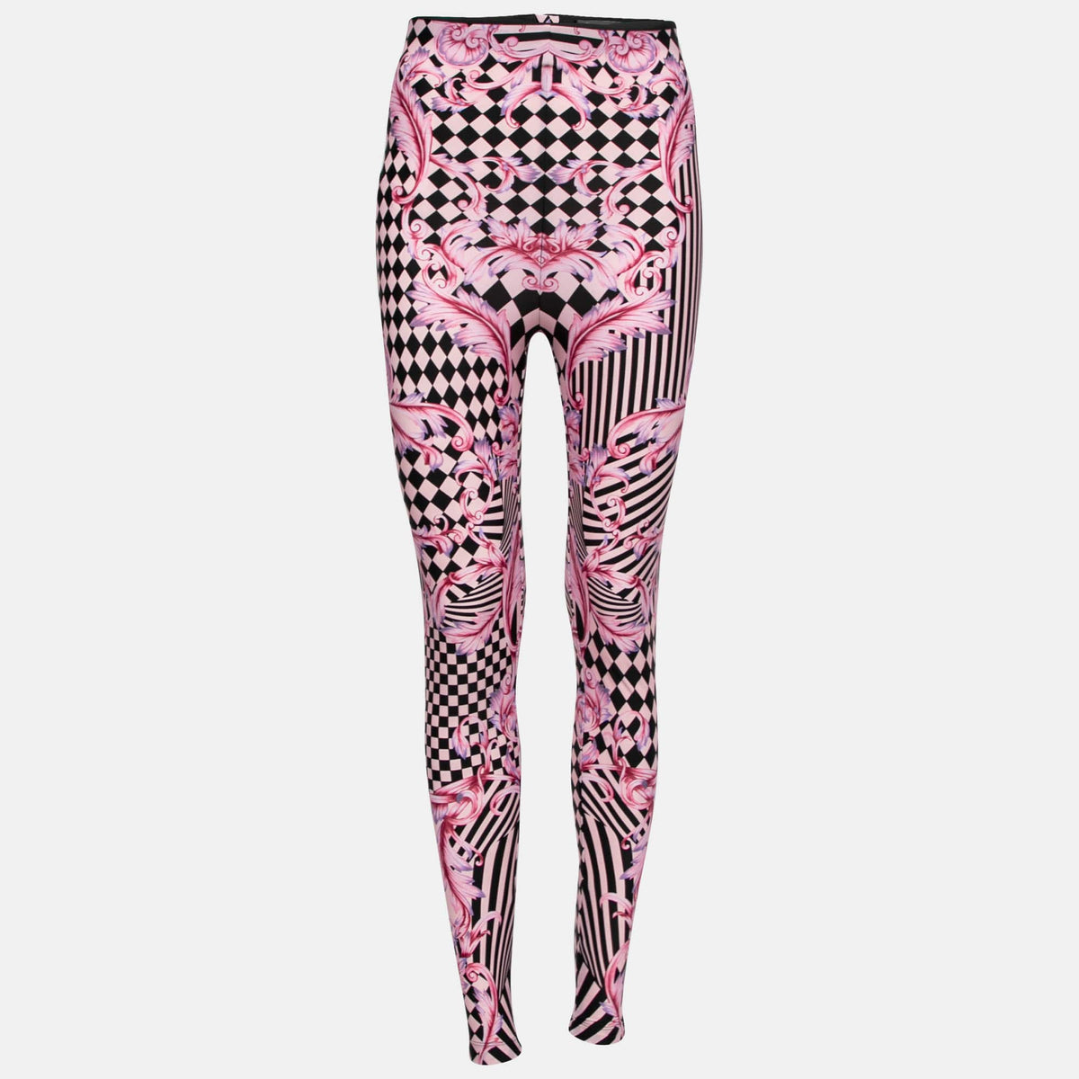 Versace Pink Stretch Knit Striped & Baroque Print Leggings