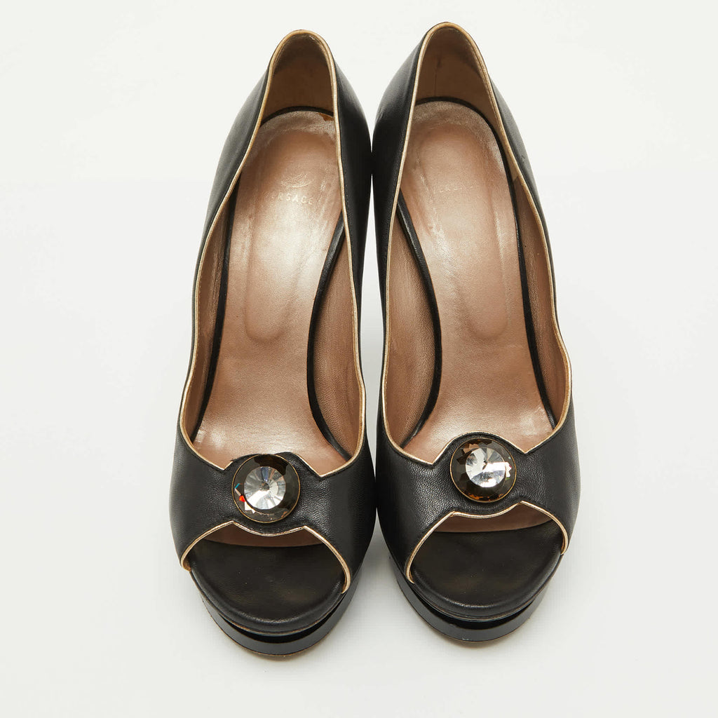Versace Black Leather Crystal Peep Toe Platform Pumps