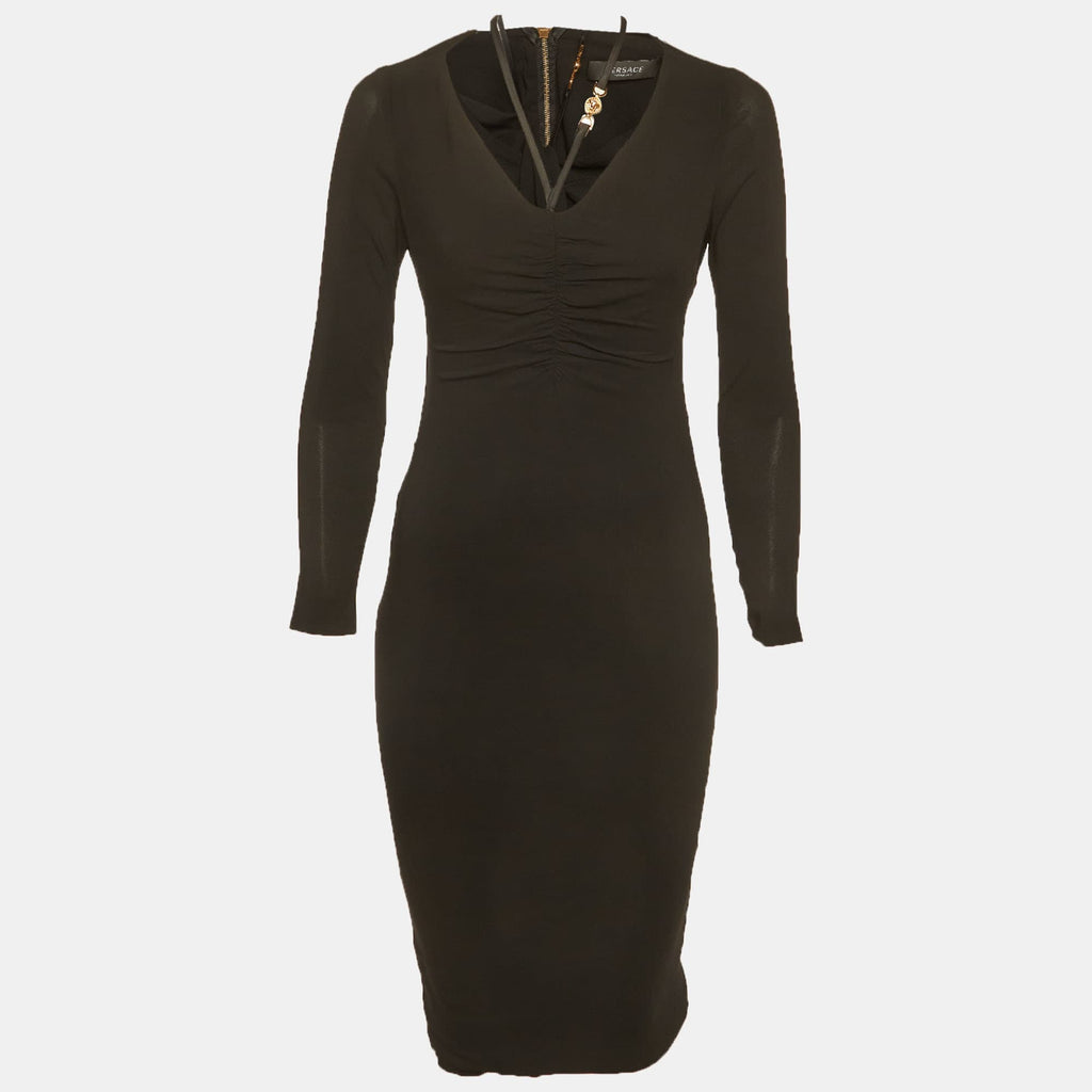 Versace Black Crepe Medusa Detail Ruche Midi Dress