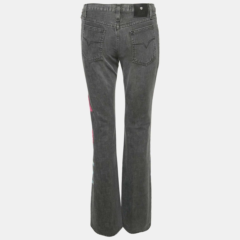 Versace Jeans Couture Grey Logo Embroidered Cotton Wide Leg Jeans M Waist