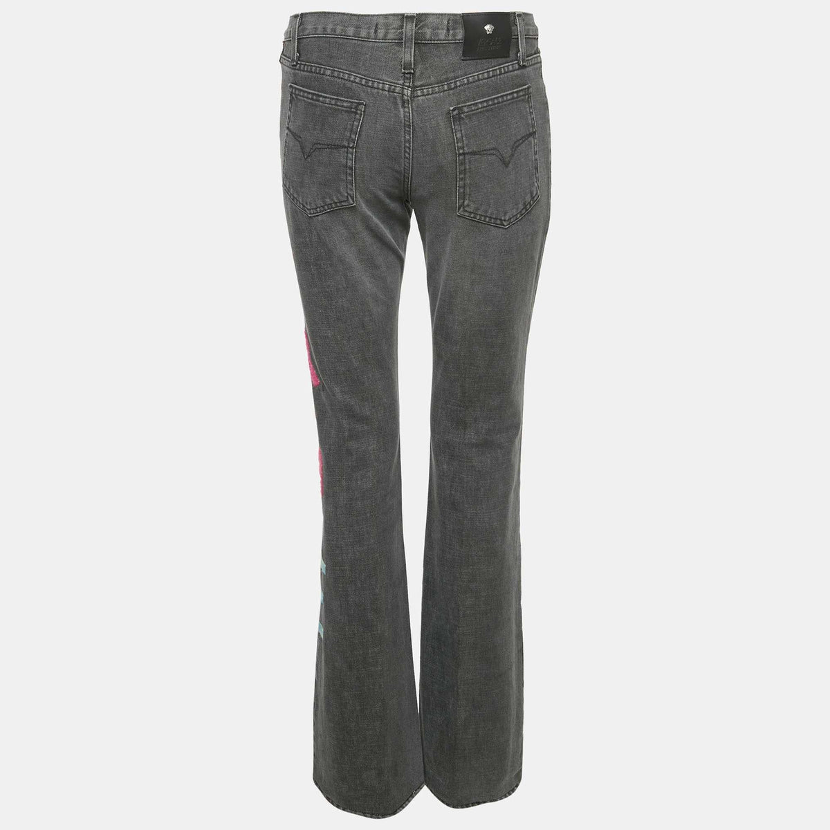 Versace Jeans Couture Grey Logo Embroidered Cotton Wide Leg Jeans M Waist