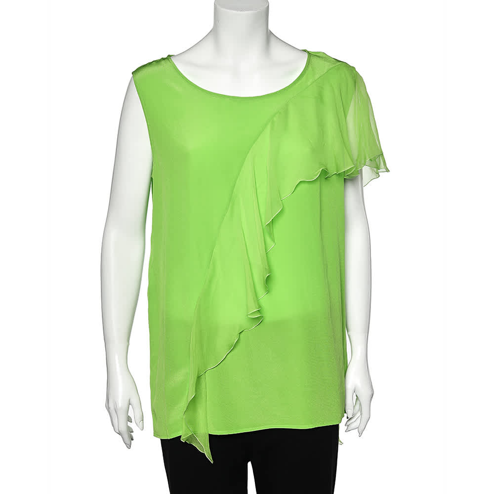 Versace Neon Green Silk Ruffled Sleeveless Top
