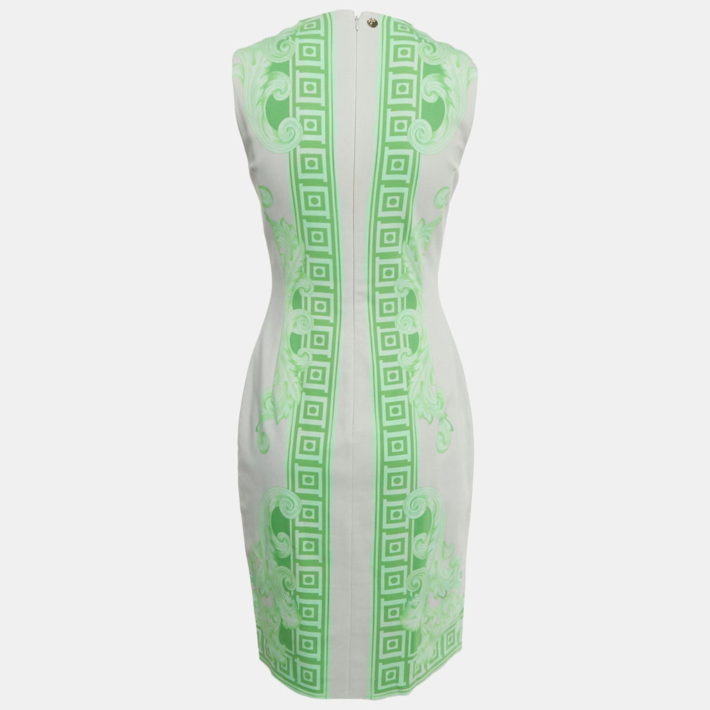 Versace Collection Grey /green Printed Cotton & Crepe Sheath Dress