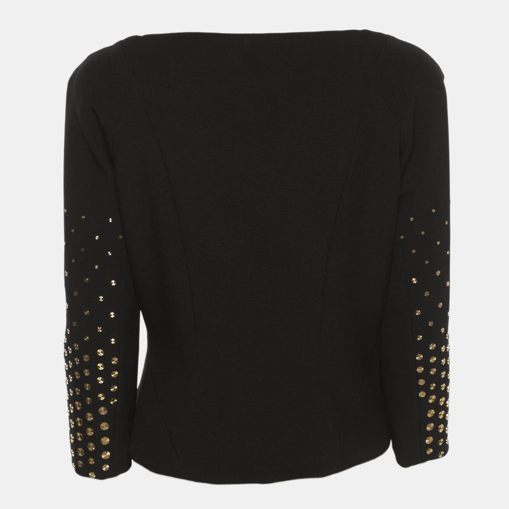 Versace Collection Black Stretch Crepe Gold Metal Applique Cropped Cardigan