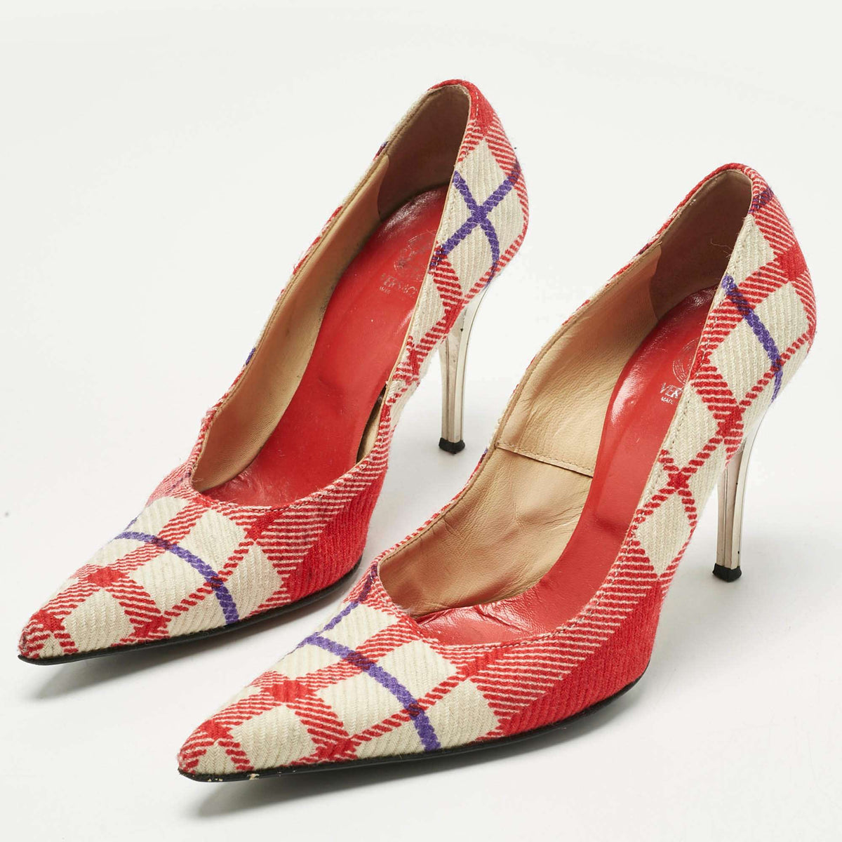 Versace White/red Plaid Check Fabric Pointed Toe Pumps