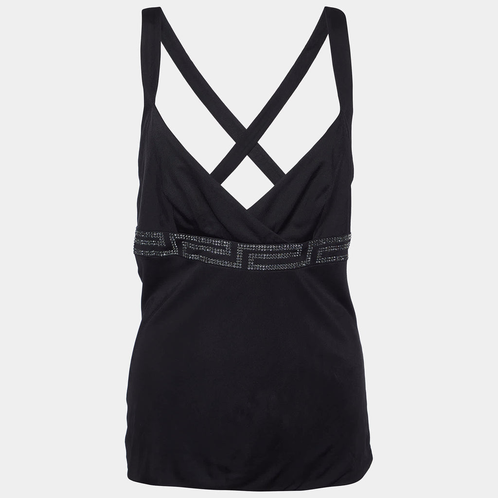 Versace Black Jersey Crystal Greca Embellished Tank Top