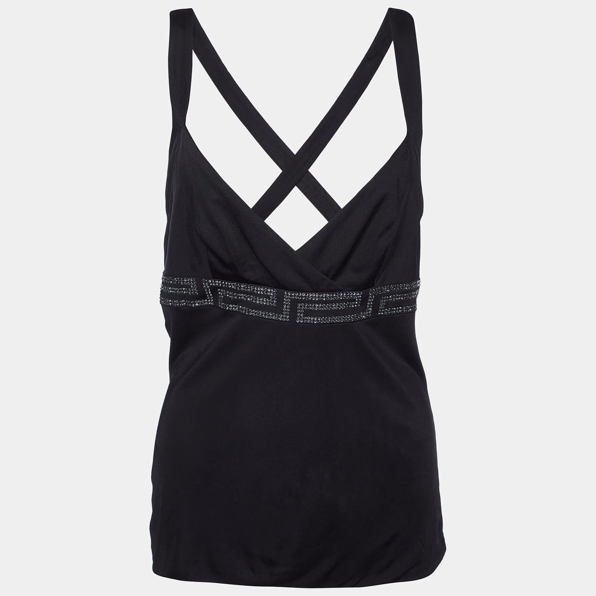 Versace Black Jersey Crystal Greca Embellished Tank Top