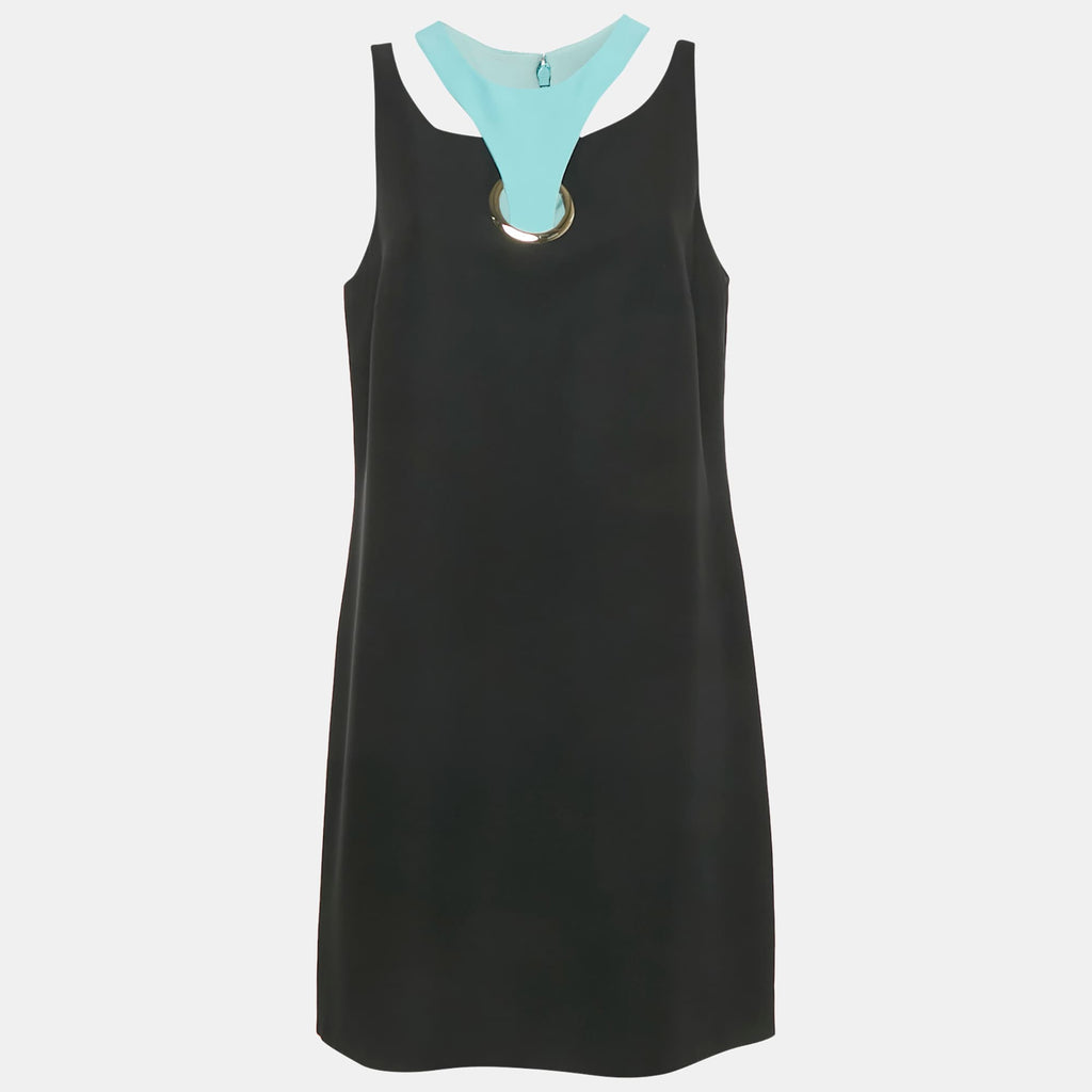 Versace Black Silk Cut Out Neck Paneled Mini Dress