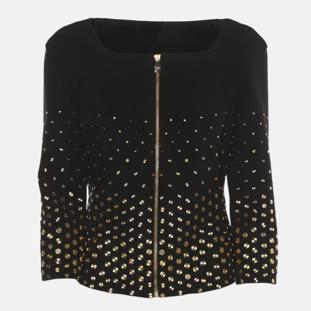 Versace Collection Black Stretch Crepe Gold Metal Applique Cropped Cardigan