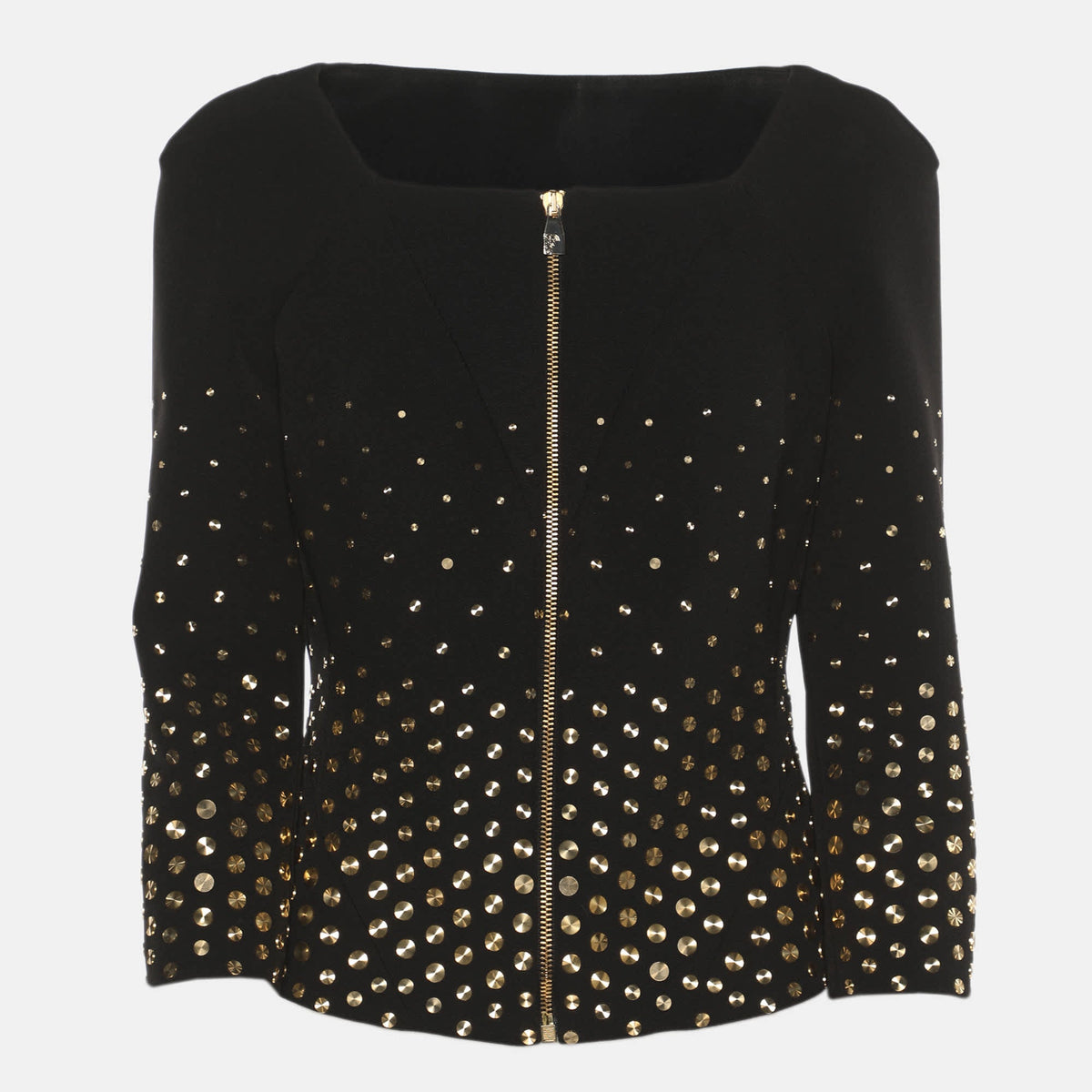 Versace Collection Black Stretch Crepe Gold Metal Applique Cropped Cardigan