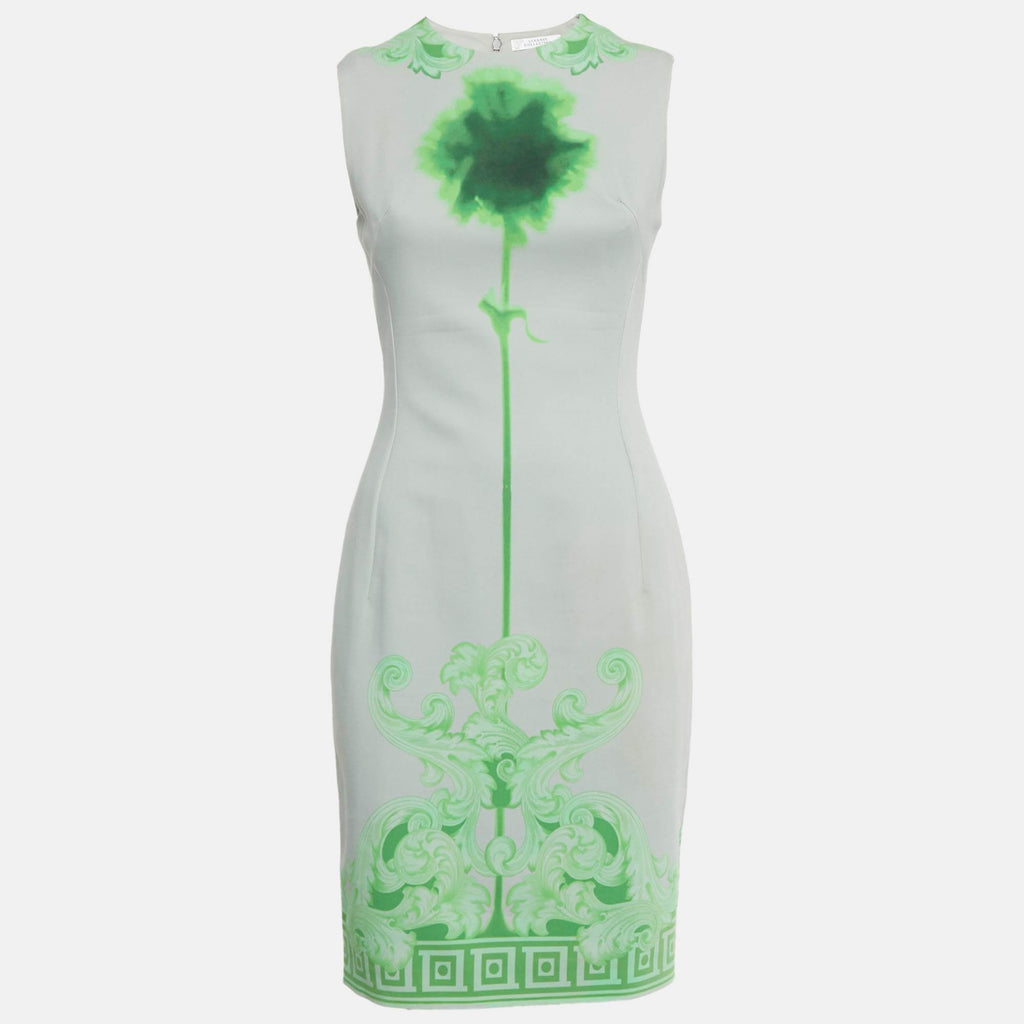 Versace Collection Grey /green Printed Cotton & Crepe Sheath Dress