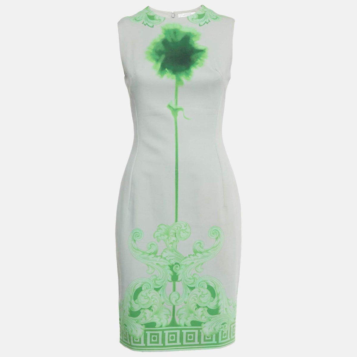 Versace Collection Grey /green Printed Cotton & Crepe Sheath Dress