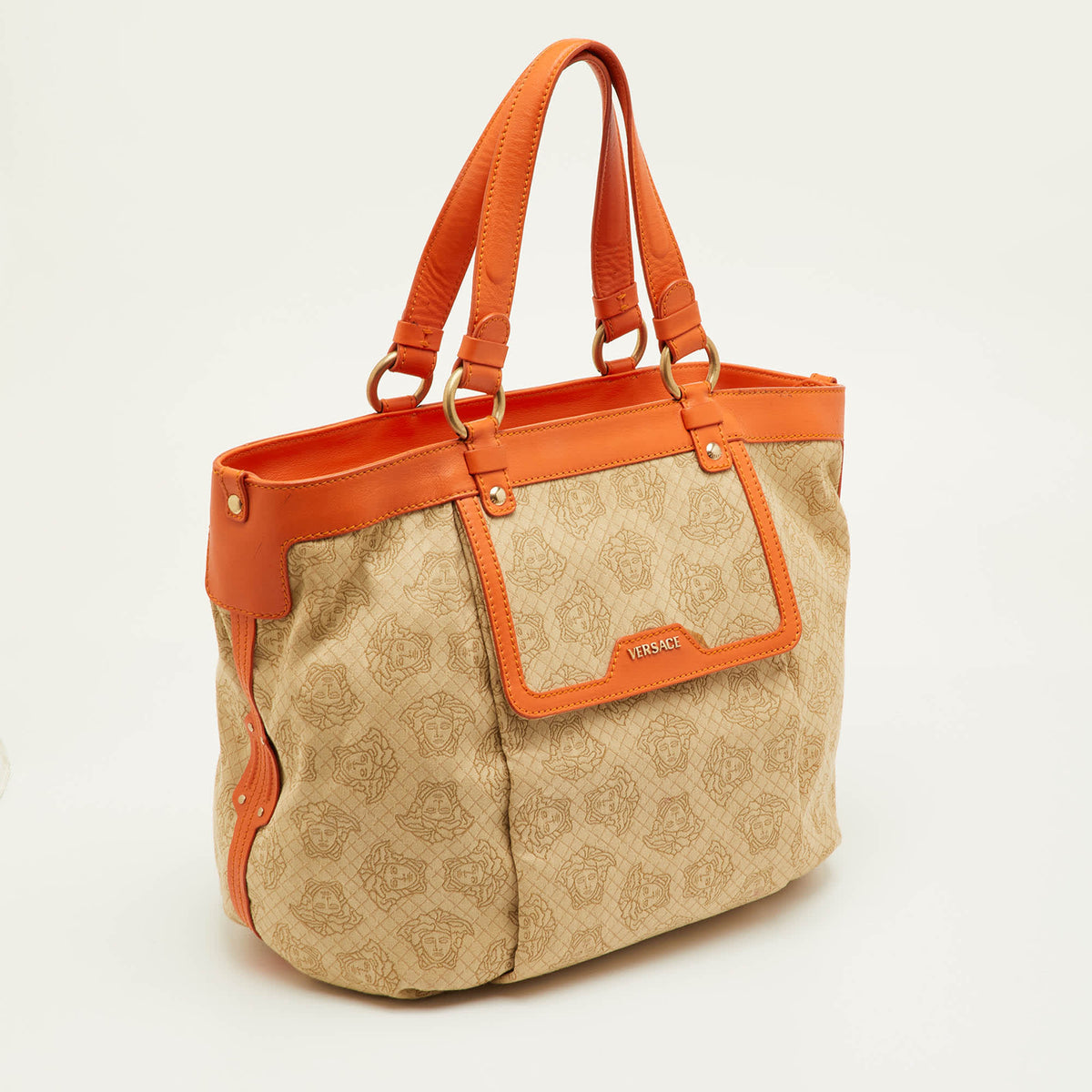 Versace Medusa Beige Canvas And Leather Tote