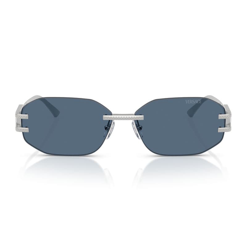Versace Sunglasses Geometric Rimless, Silver Frame And Dark Blue Lens Ve2274100080