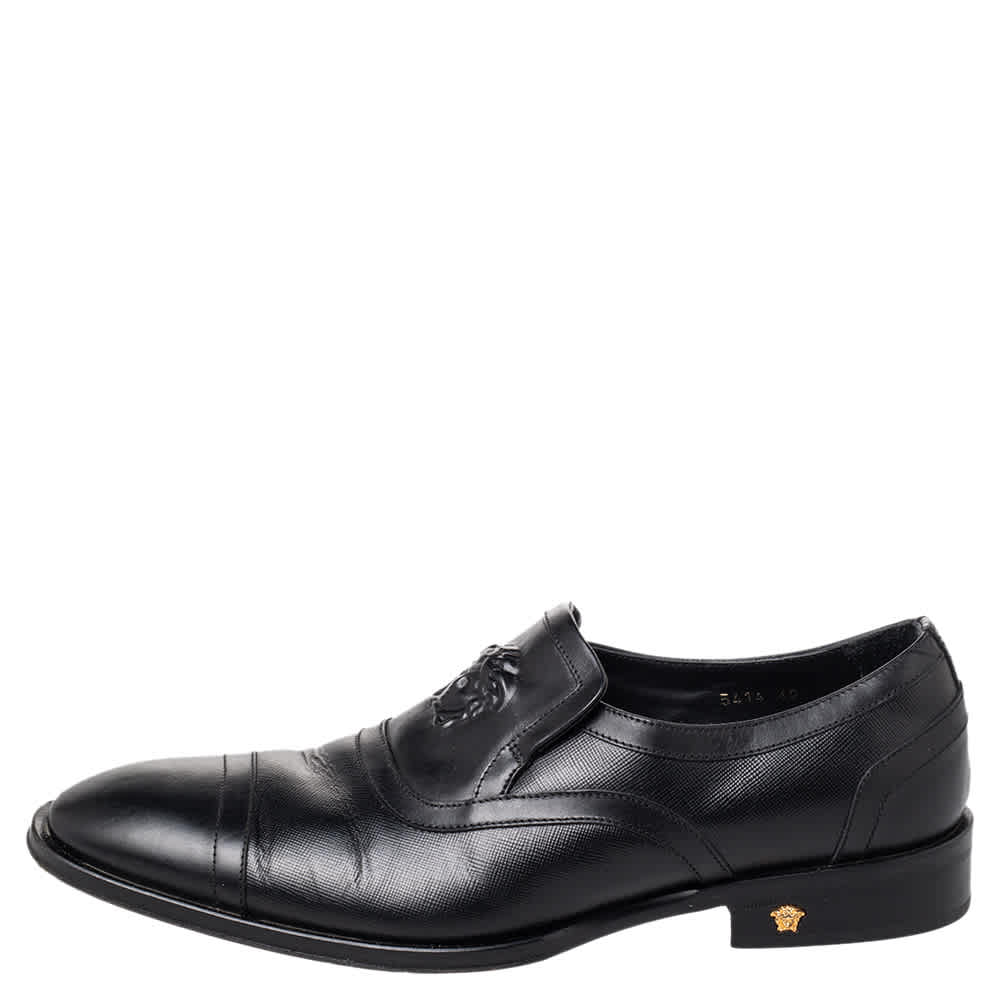 Versace Black Leather Medusa Embellished Slip On Oxford