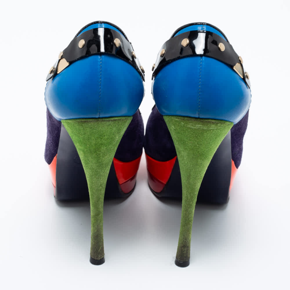 Versace Multicolor Suede And Leather Pointed Toe Platform Pumps