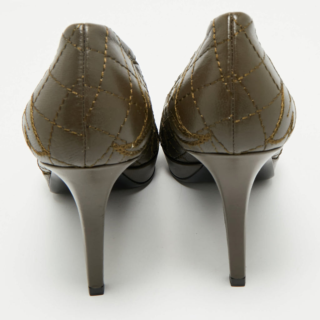 Versace Olive Brown Embroidered Leather Platform Pointed Toe Pumps