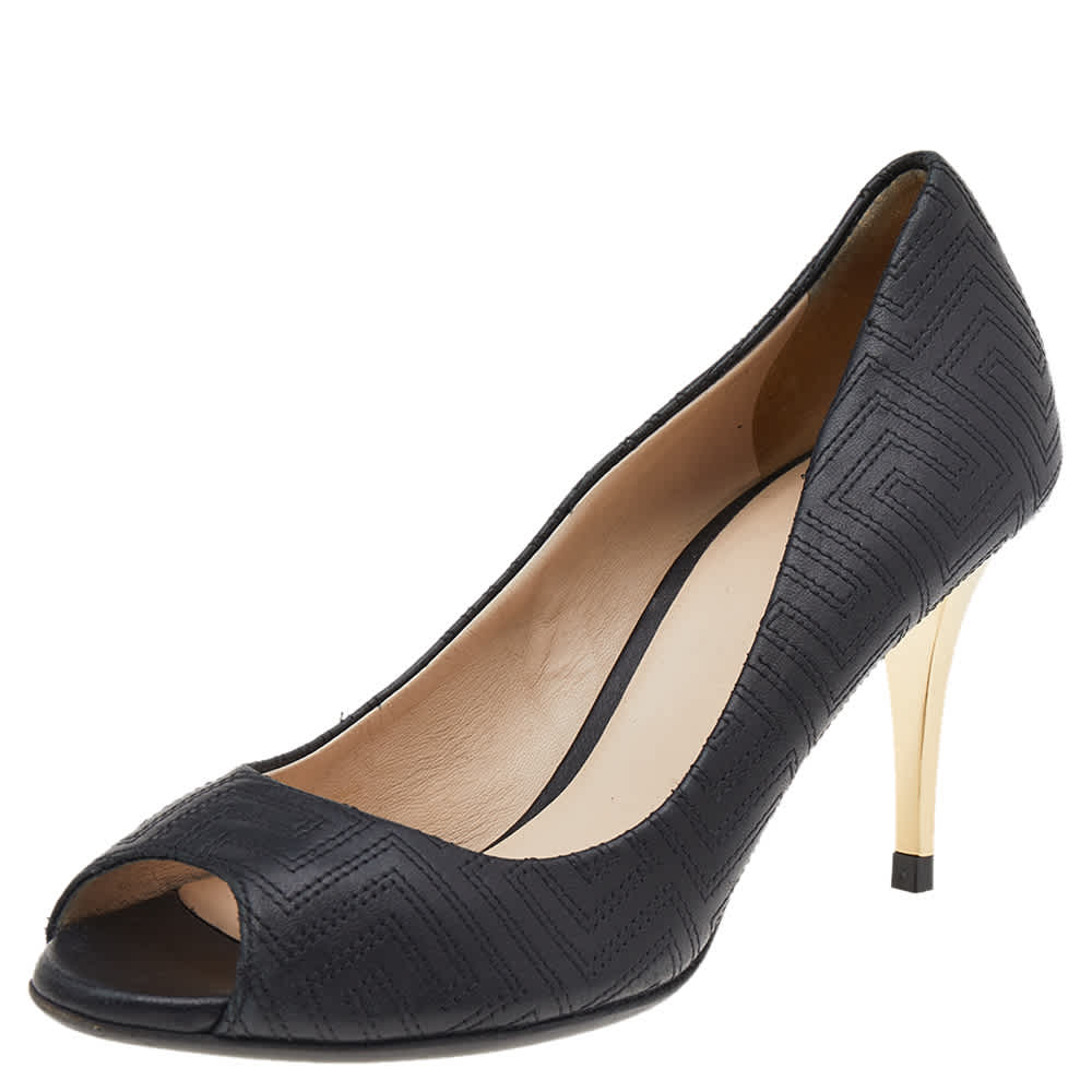 Versace Black Quilted Leather Peep Toe Pumps