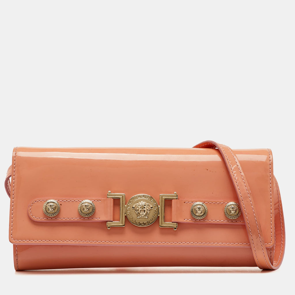 Versace Coral Pink Patent Leather Medusa Flap Continental Wallet On Strap