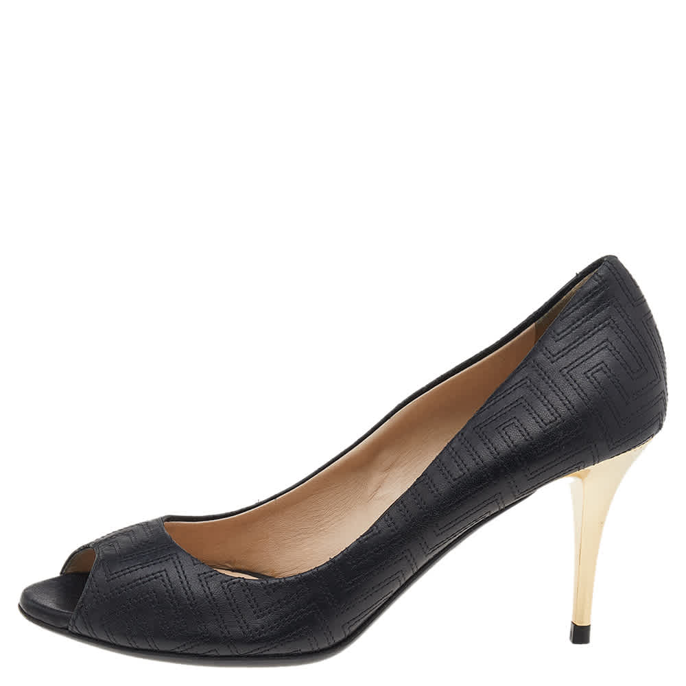 Versace Black Quilted Leather Peep Toe Pumps