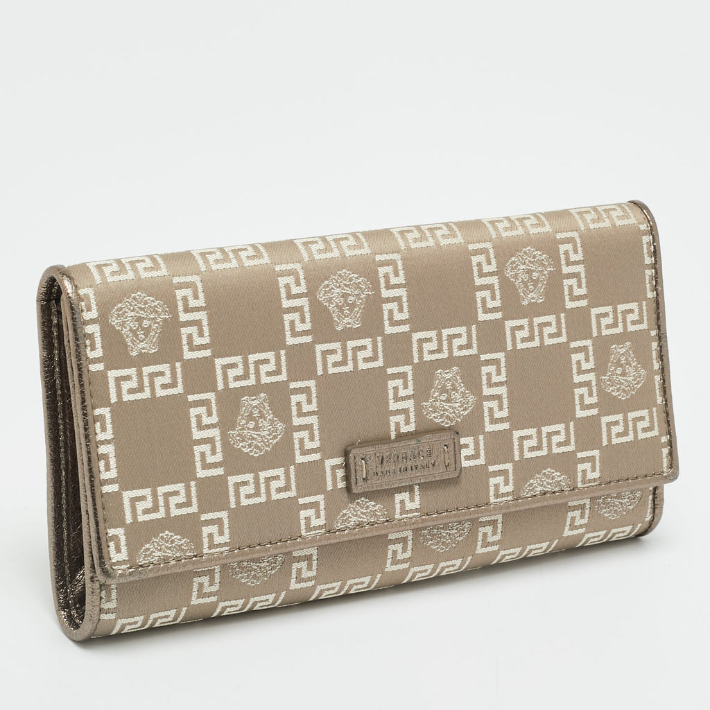 Versace Metallic Beige Medusa Canvas And Leather Trifold Wallet