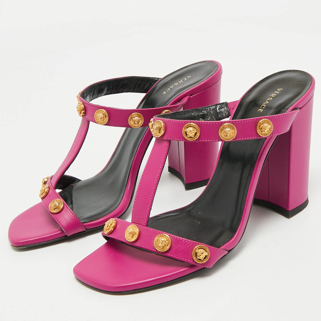 Versace Purple Leather Medusa Embellished Sandals