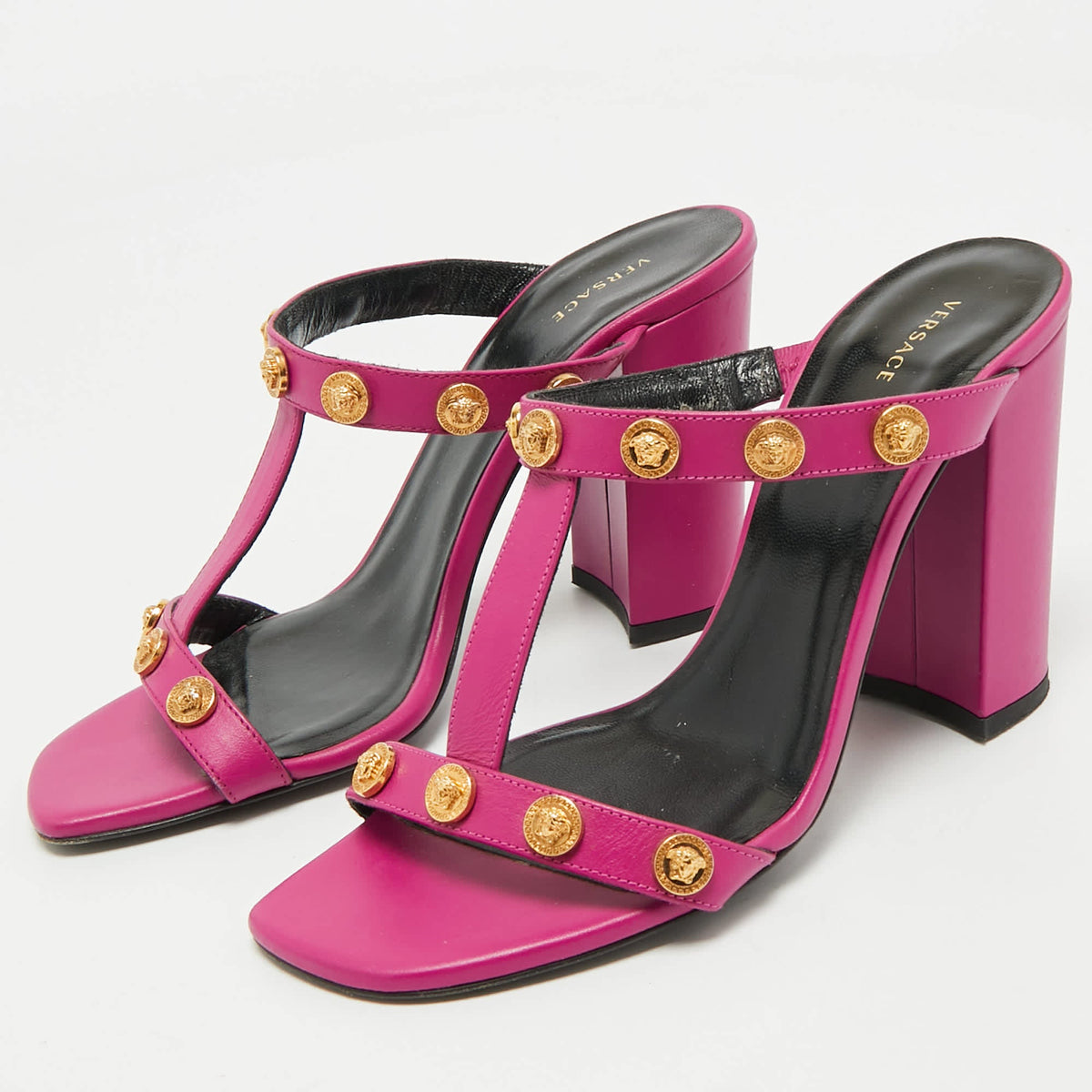Versace Purple Leather Medusa Embellished Sandals