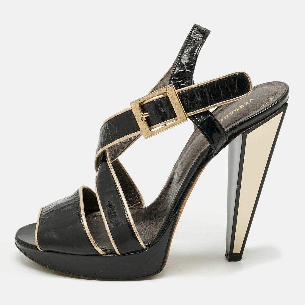 Versace Black Patent Leather Ankle Strap Sandals