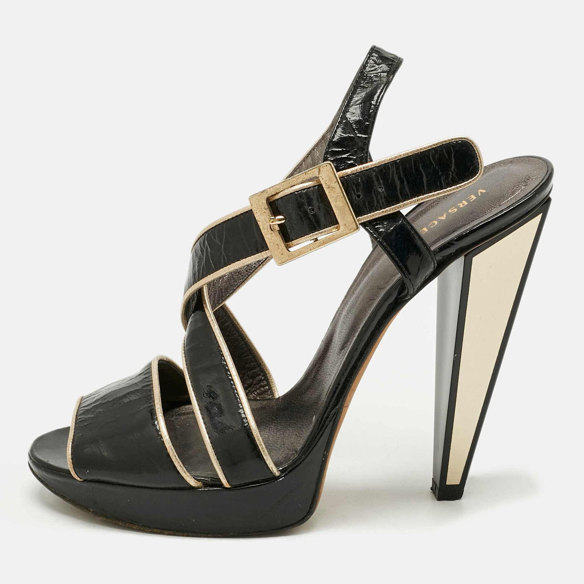 Versace Black Patent Leather Ankle Strap Sandals