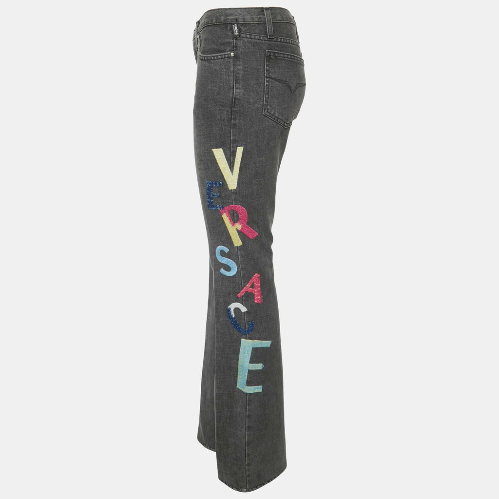 Versace Jeans Couture Grey Logo Embroidered Cotton Wide Leg Jeans M Waist