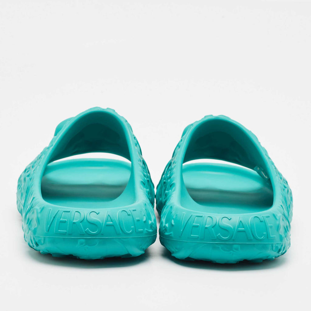 Versace Turquoise Blue Baroque Medusa Embossed Rubber Pool Slides