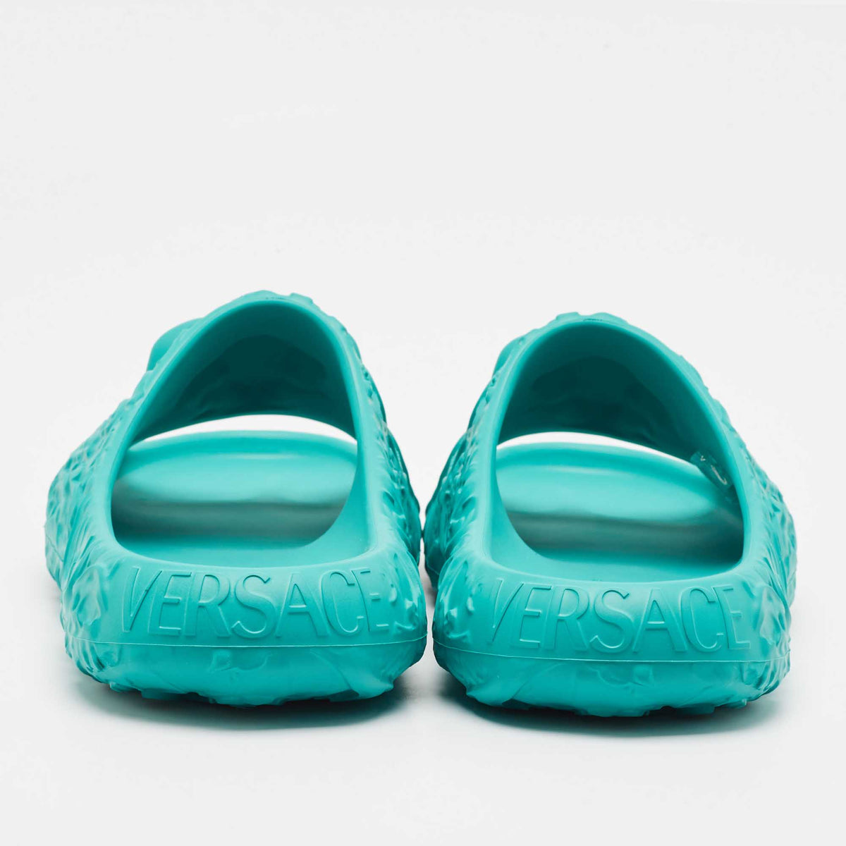 Versace Turquoise Blue Baroque Medusa Embossed Rubber Pool Slides