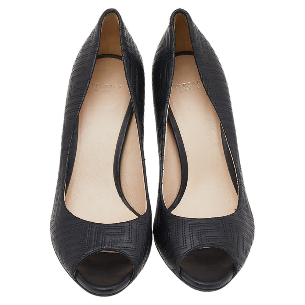 Versace Black Quilted Leather Peep Toe Pumps